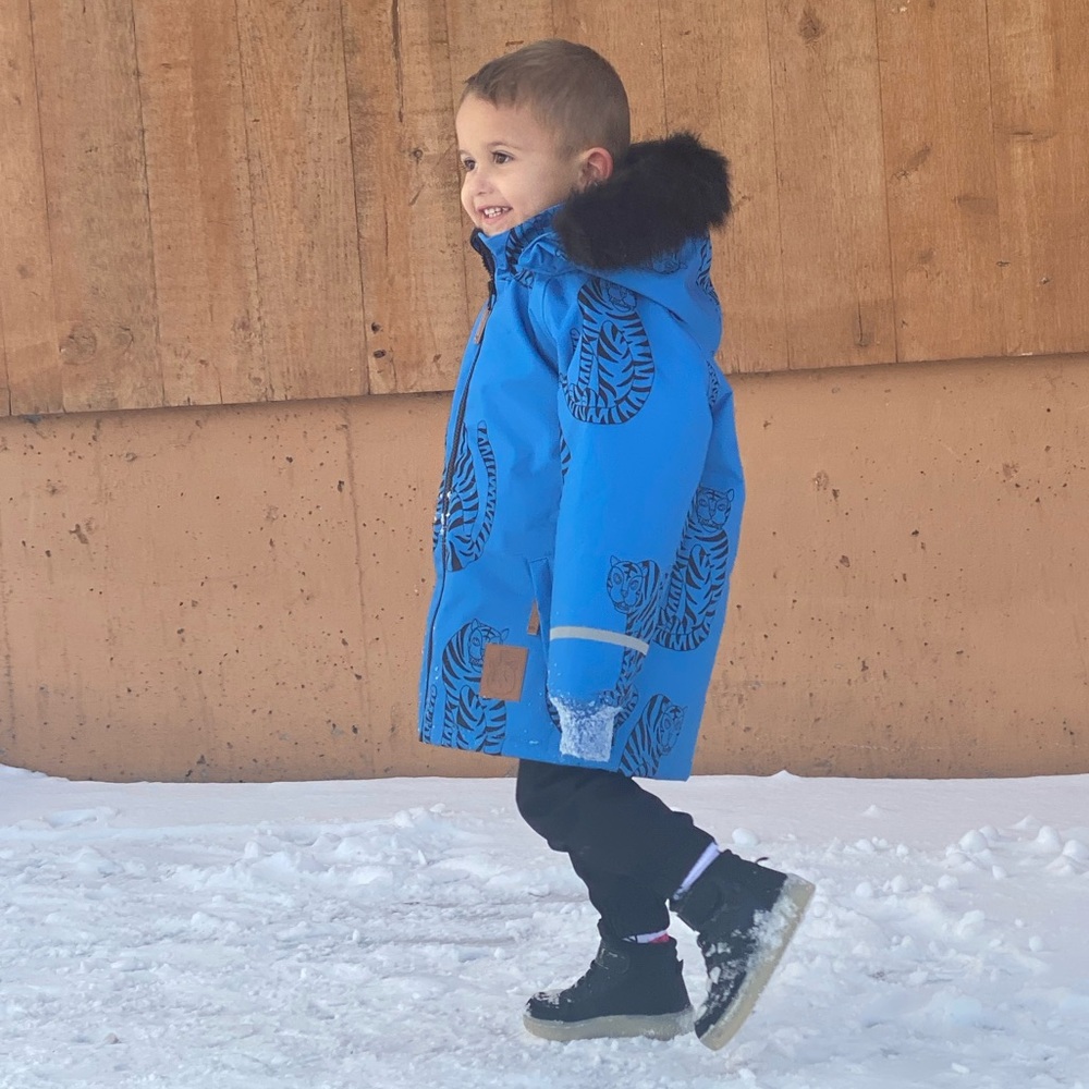 Mini RODINI K2 Tiger Parka Blue Puffer Jacket with Black Trim size 110 or 4